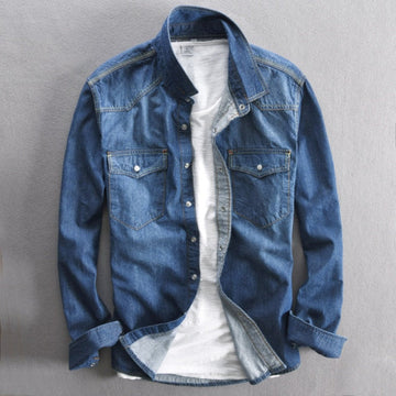 Wiaofellas  -  Men's long-sleeved solid denim shirt fashion brand Classic retro denim Pocket decoration Business shirt Spring and Autumn Tops